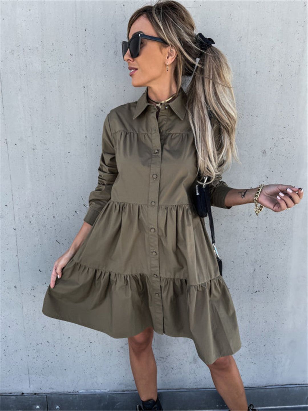 Oh Rare Womens Lapel Loose Shirt Mini Dress