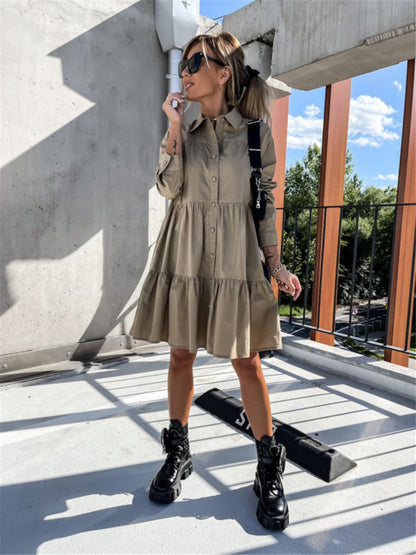 Oh Rare Womens Lapel Loose Shirt Mini Dress