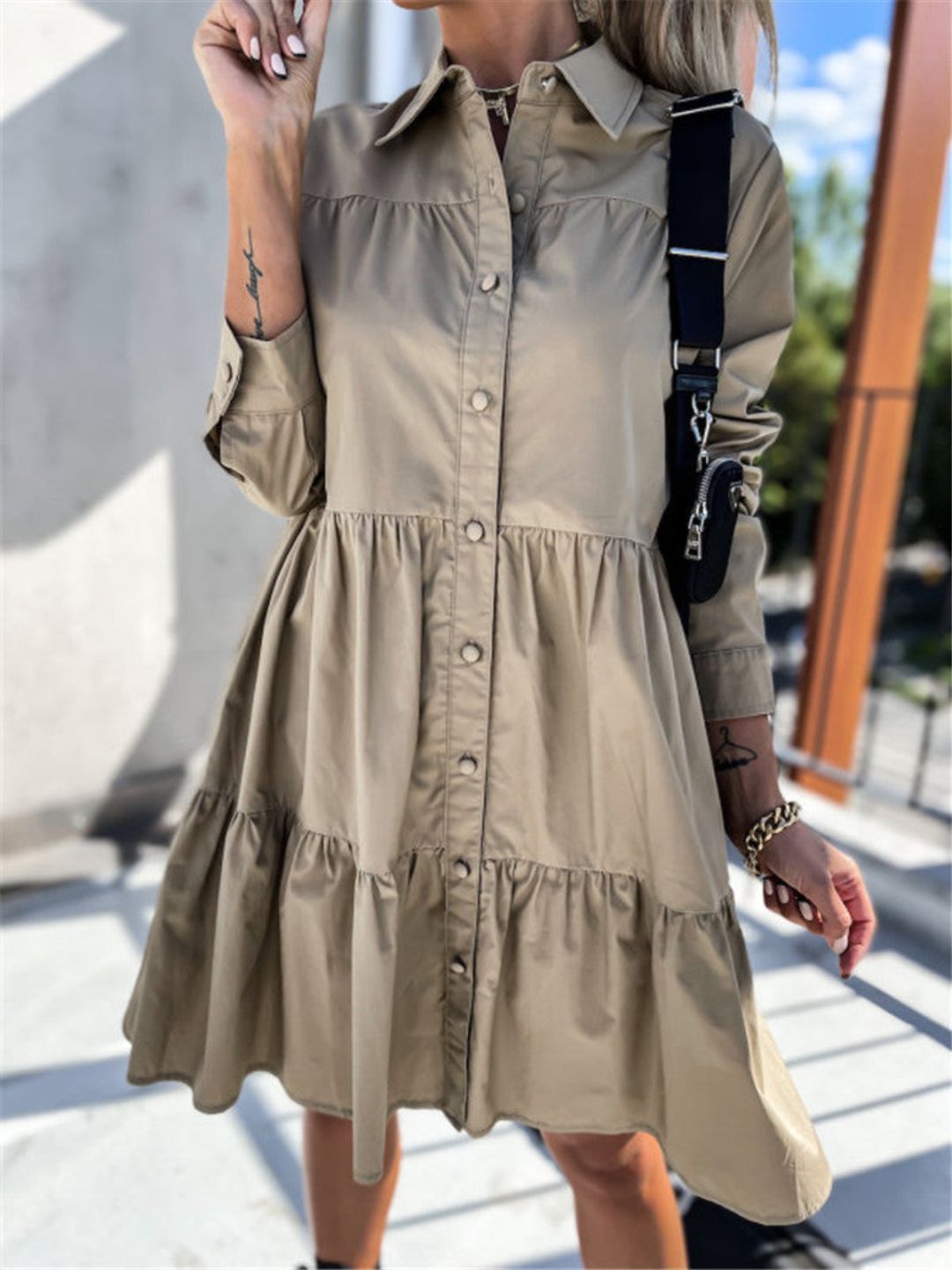 Oh Rare Womens Lapel Loose Shirt Mini Dress