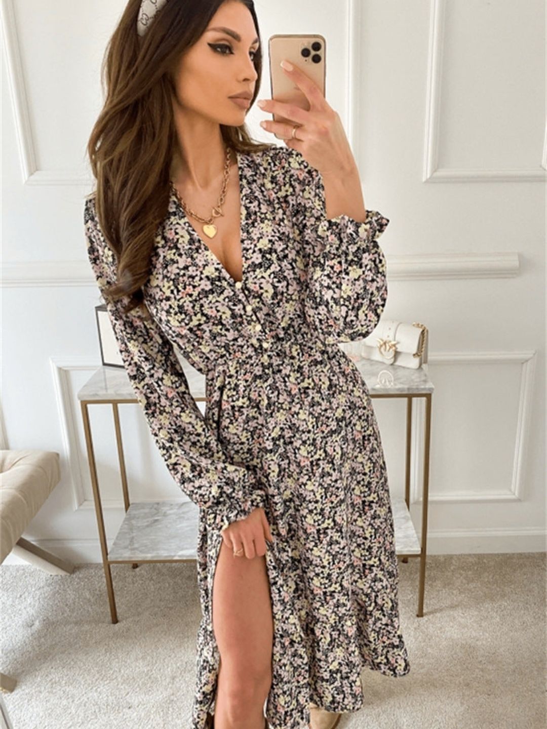 Oh Rare Womens V-Neck Slit Waist Printed Midi Dress