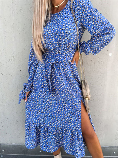 Oh Rare Womens Round Neck Printed Slit Midi Dress