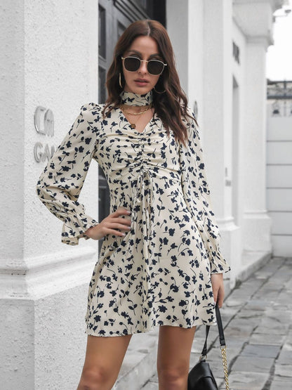 Oh Rare Drawstring V-Neck Long Sleeve Floral Print Chiffon Dress