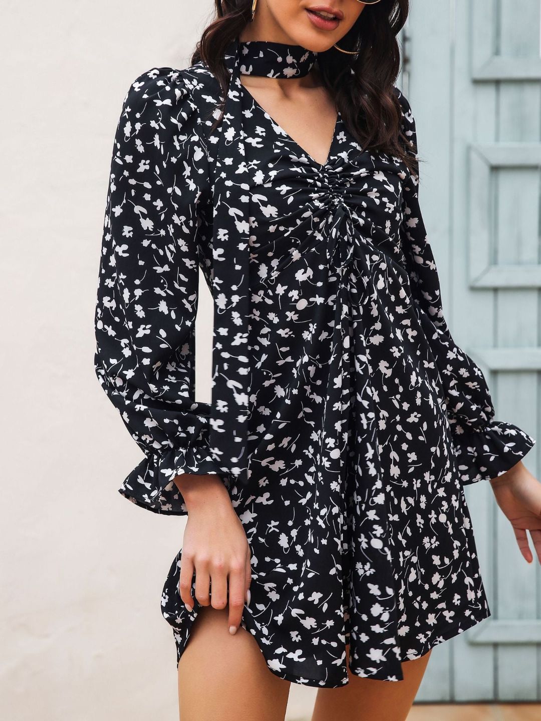 Oh Rare Drawstring V-Neck Long Sleeve Floral Print Chiffon Dress