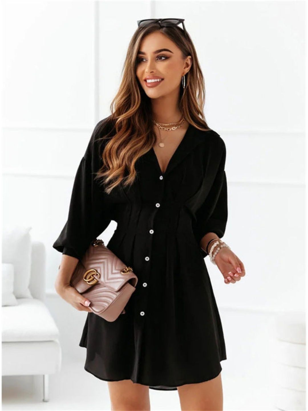 Oh Rare Womens Solid Color Shirt Collar Mini Dress