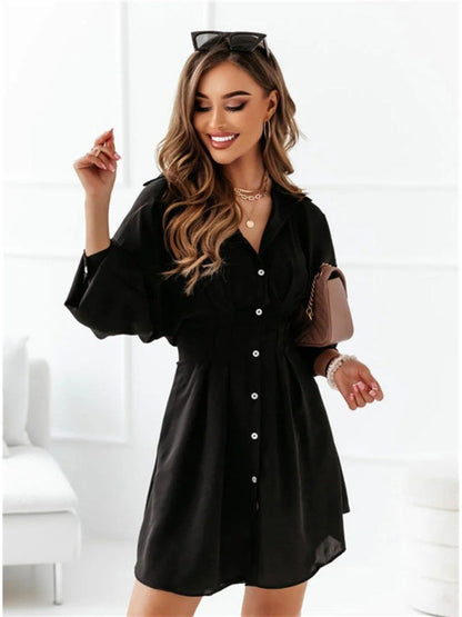 Oh Rare Womens Solid Color Shirt Collar Mini Dress