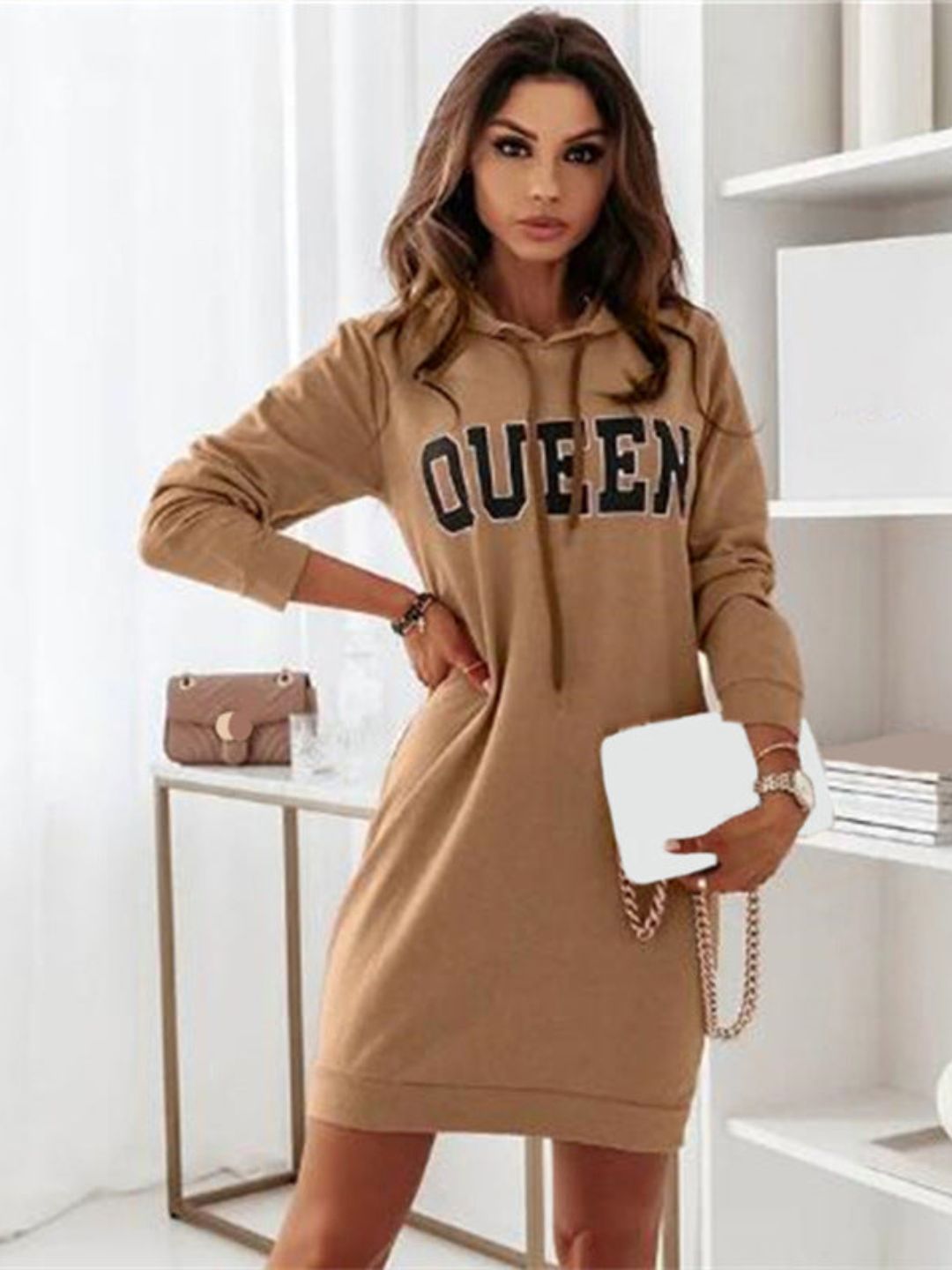 Oh Rare Womens Hooded Letter Casual Mini Dress New Sweatshirt Mini Dress