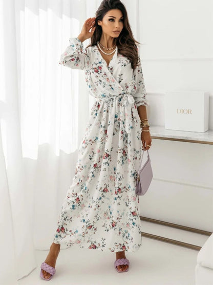 Oh Rare Womens Printed Belt Slit Long Maxi Dress