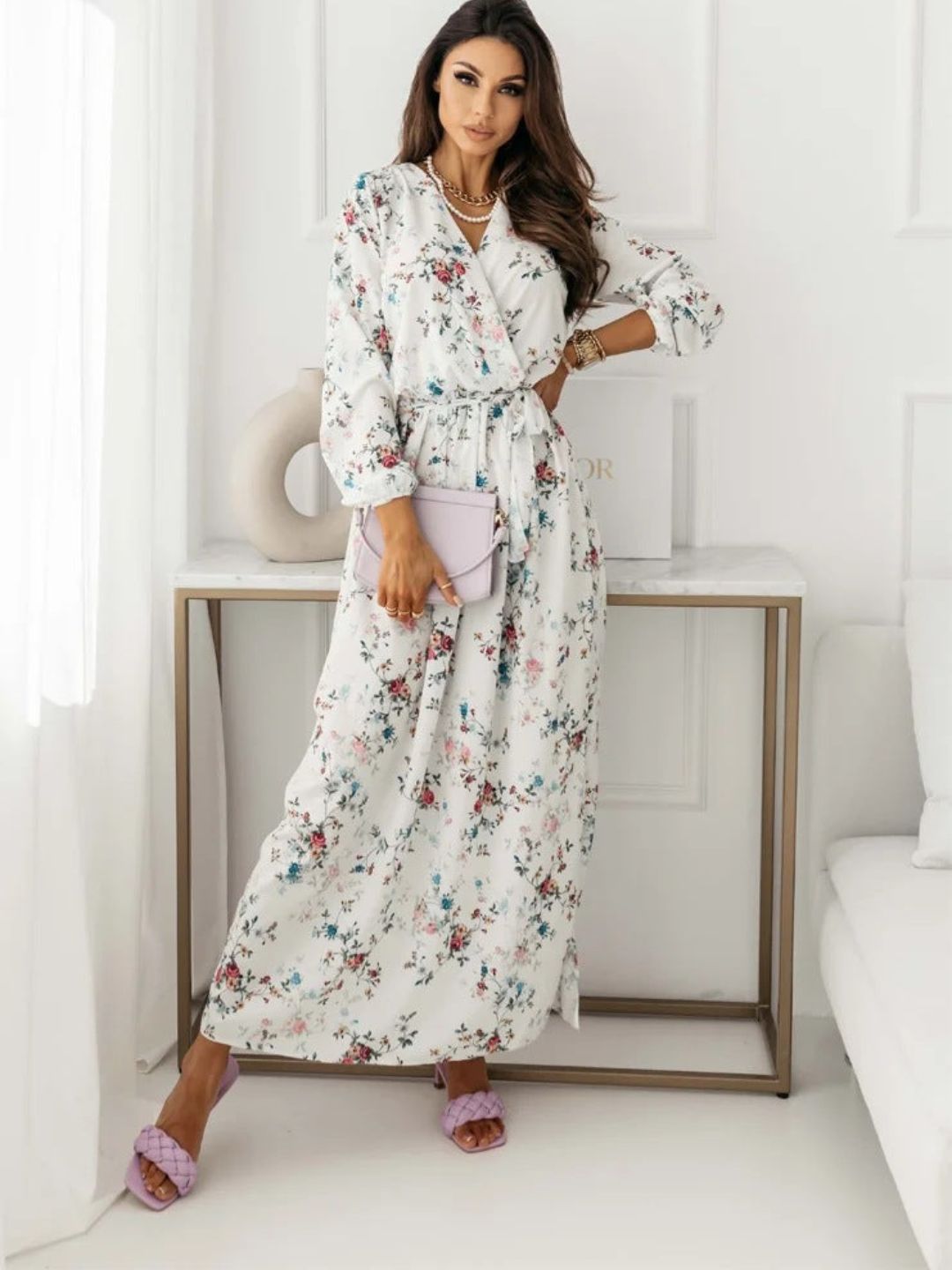 Oh Rare Womens Printed Belt Slit Long Maxi Dress