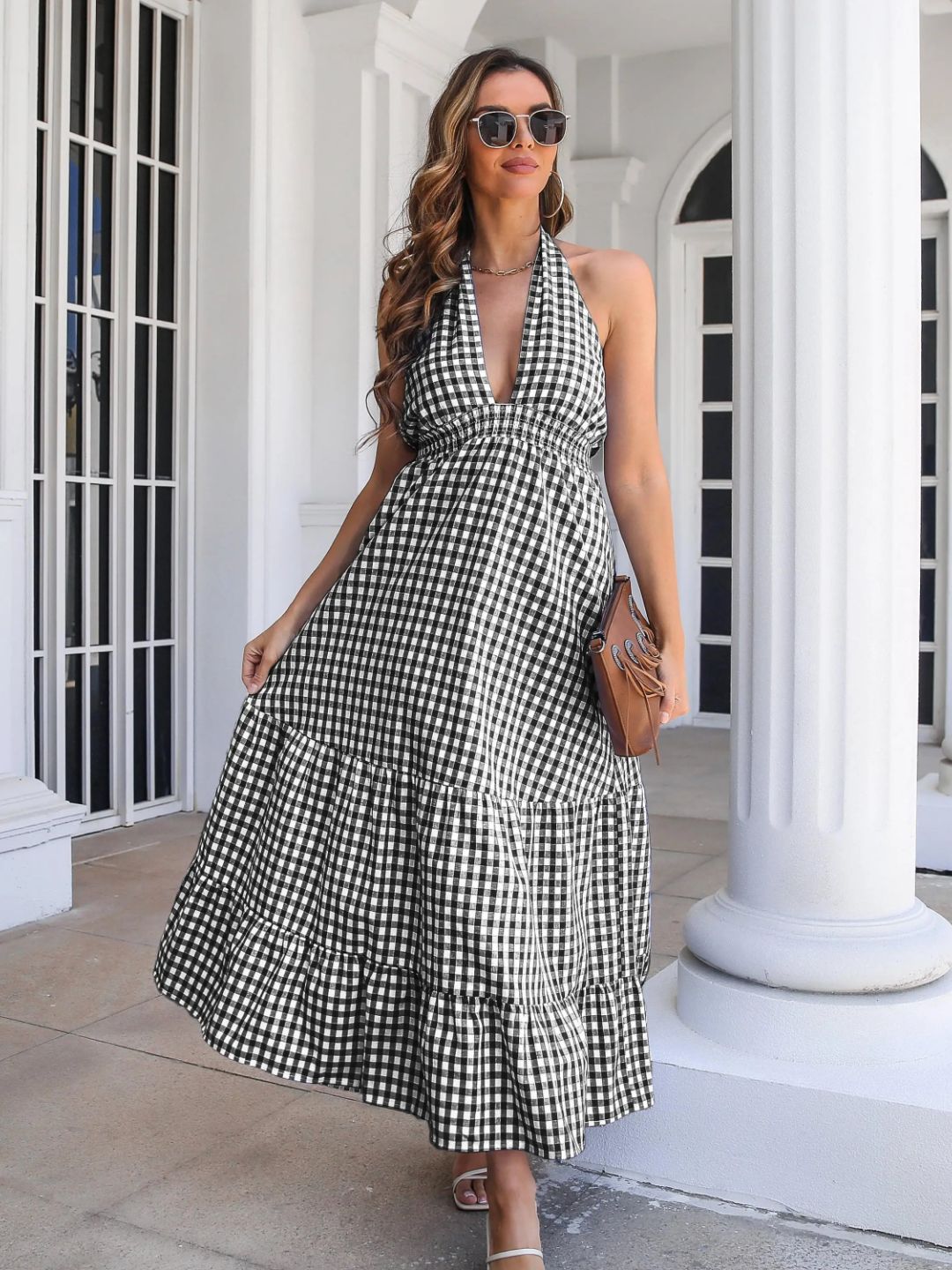 Oh Rare Bohemian Resort Style Waist-Hugging Plaid Halter Neck Dress