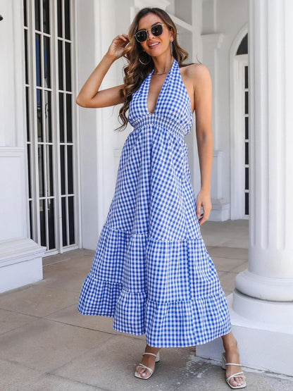 Oh Rare Bohemian Resort Style Waist-Hugging Plaid Halter Neck Dress