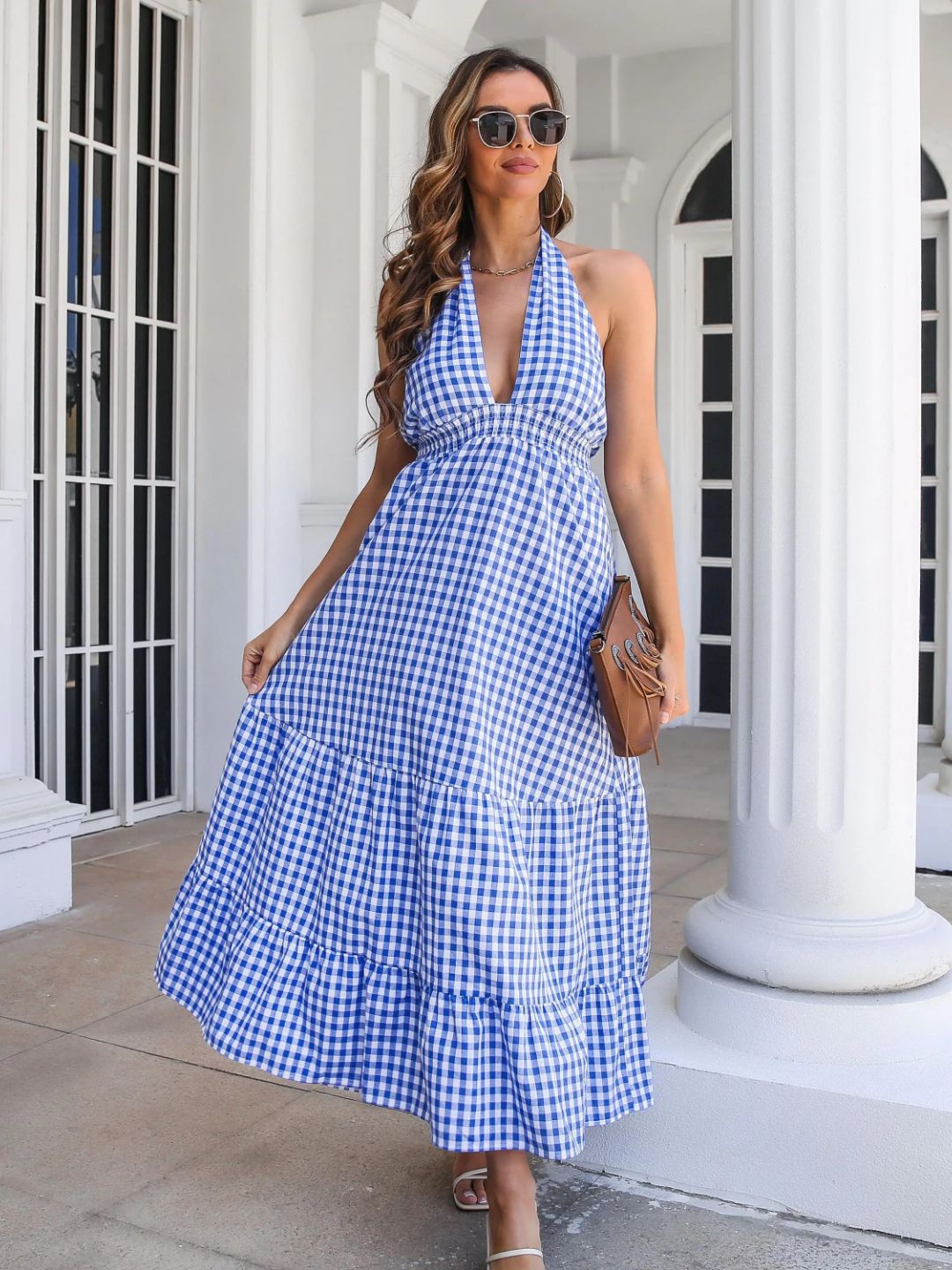 Oh Rare Bohemian Resort Style Waist-Hugging Plaid Halter Neck Dress