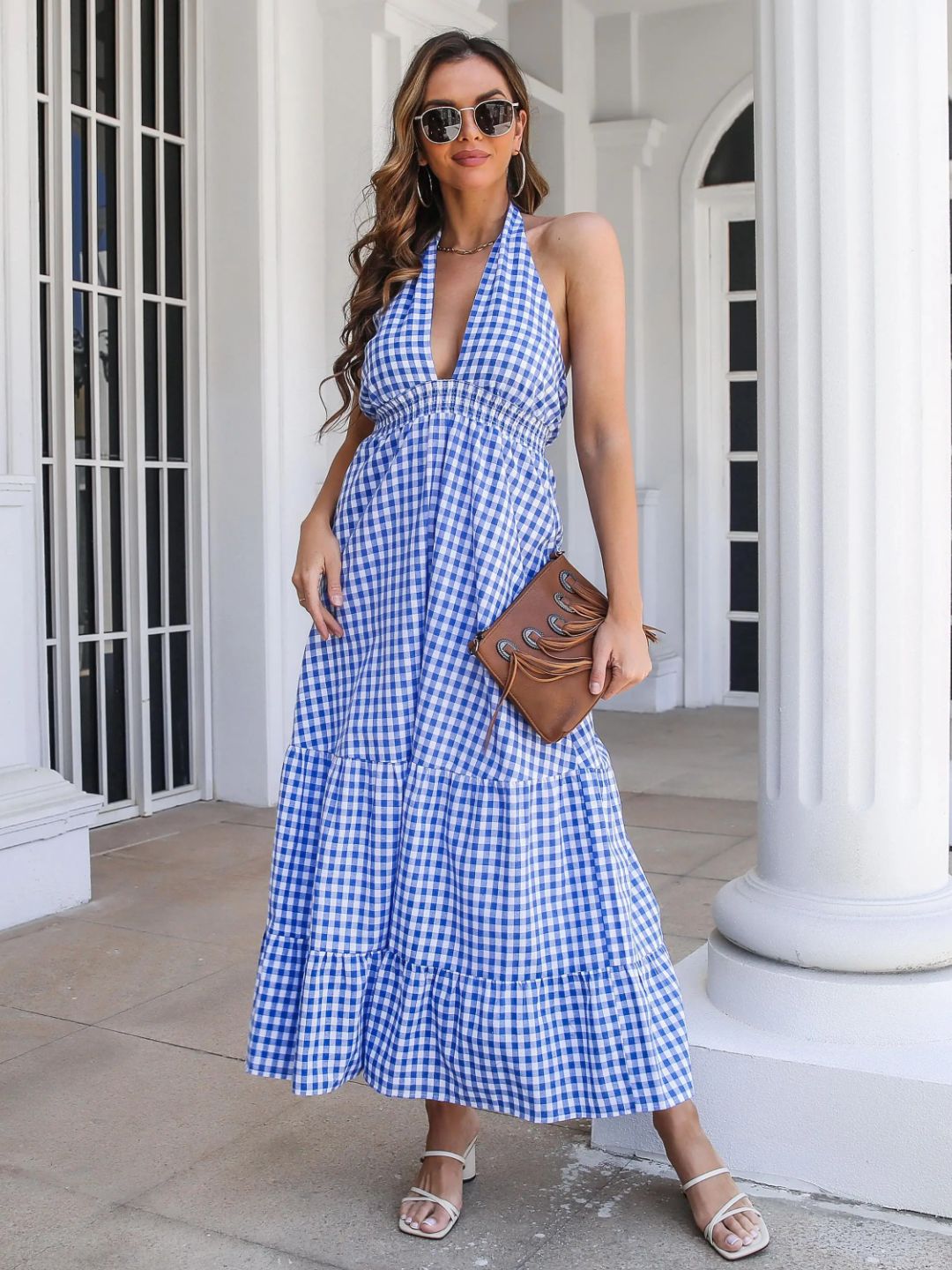 Oh Rare Bohemian Resort Style Waist-Hugging Plaid Halter Neck Dress