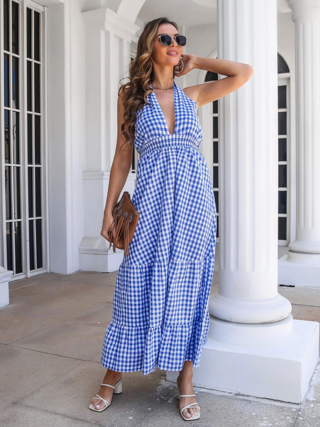 Oh Rare Bohemian Resort Style Waist-Hugging Plaid Halter Neck Dress