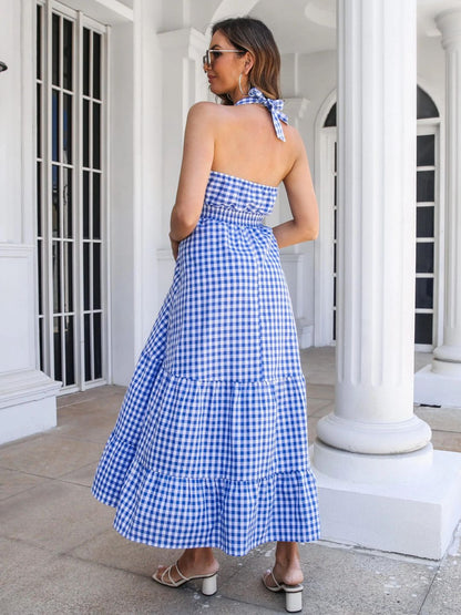 Oh Rare Bohemian Resort Style Waist-Hugging Plaid Halter Neck Dress