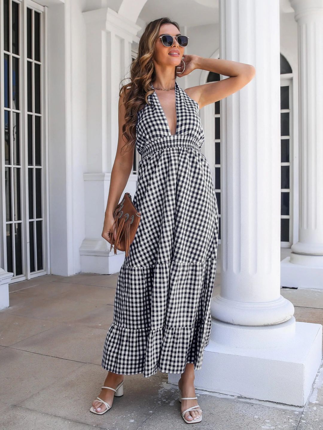 Oh Rare Bohemian Resort Style Waist-Hugging Plaid Halter Neck Dress