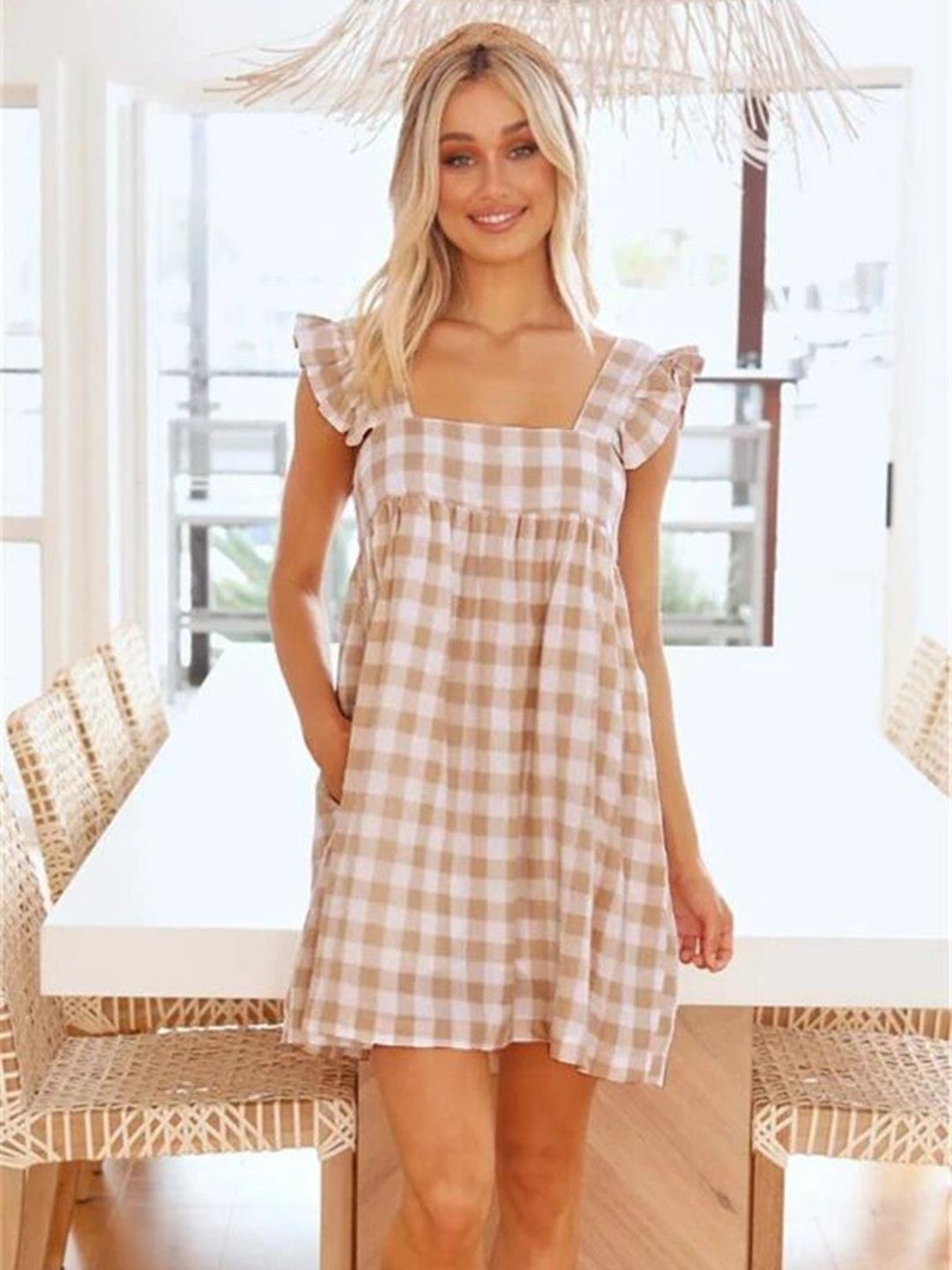 Oh Rare Womens Square Neck Loose Ruffled Sleeves Mini Dress