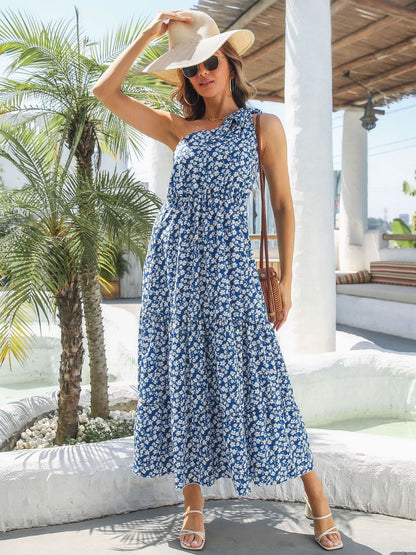 Holiday Style Ruffled One Shoulder Floral Dress