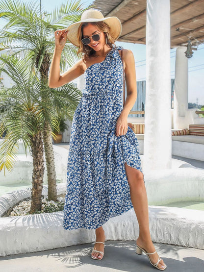 Holiday Style Ruffled One Shoulder Floral Dress