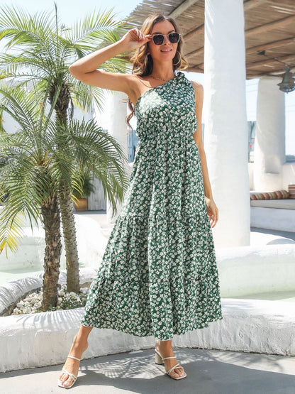 Holiday Style Ruffled One Shoulder Floral Dress