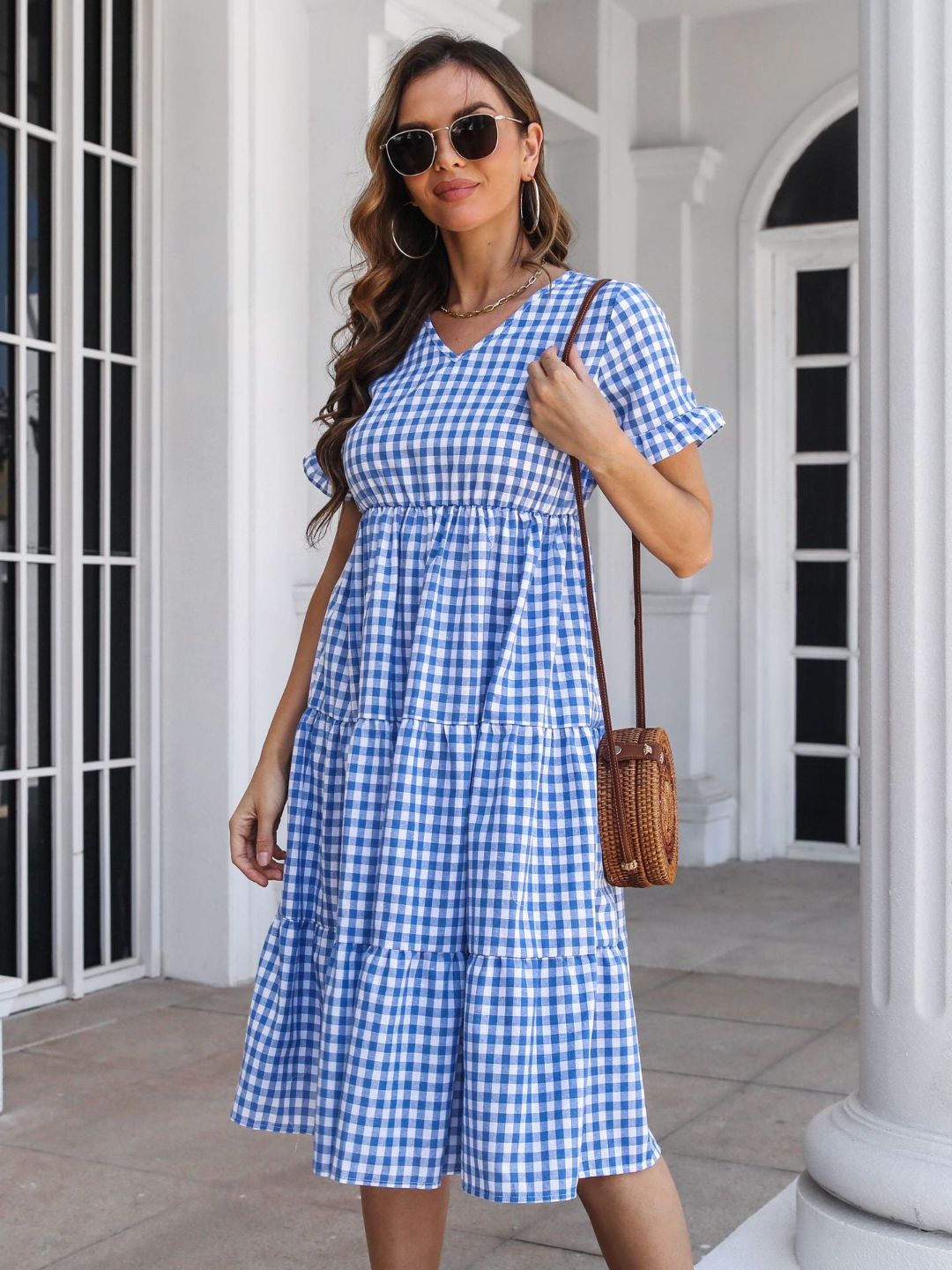 Oh Rare Womens Plaid Ruffled V-Neck Short Sleeves Midi Dress