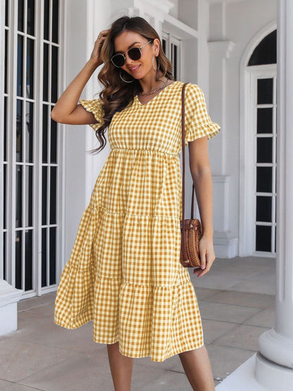 Oh Rare Womens Plaid Ruffled V-Neck Short Sleeves Midi Dress