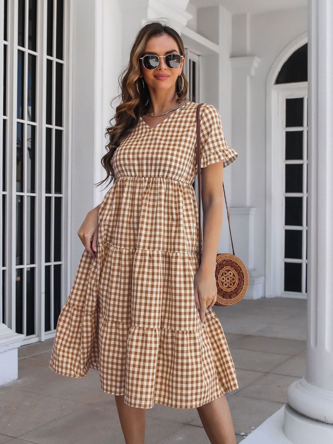 Oh Rare Womens Plaid Ruffled V-Neck Short Sleeves Midi Dress