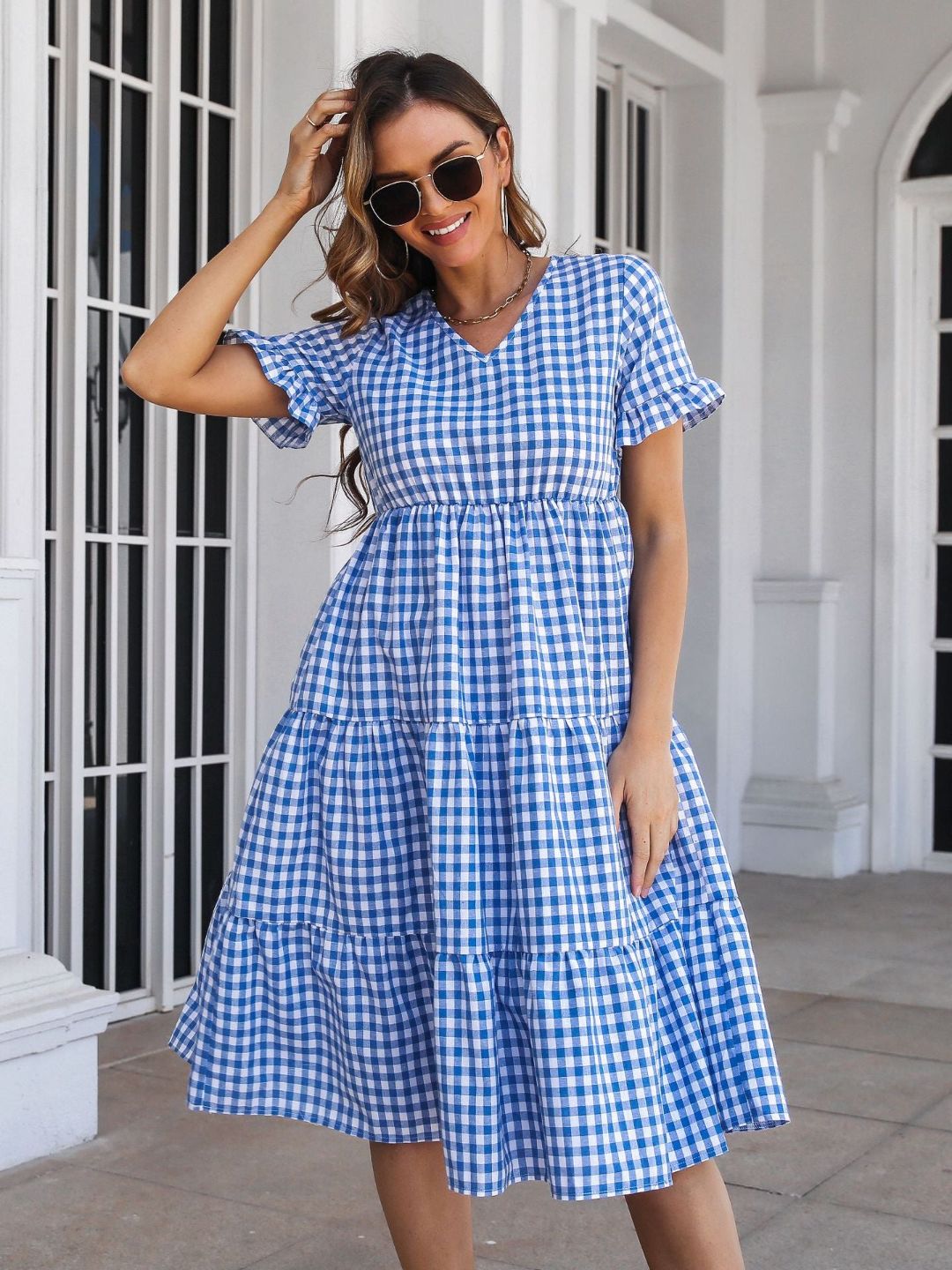 Oh Rare Womens Plaid Ruffled V-Neck Short Sleeves Midi Dress