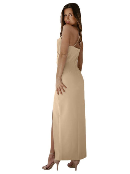 Solid Colour Shoulder Straps Slit Dress