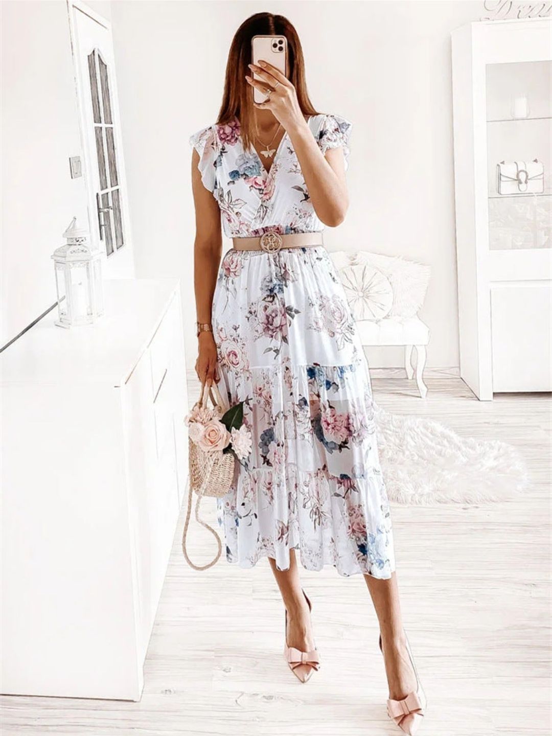 Oh Rare Womens V-Neck Floral Printed Midi Dress