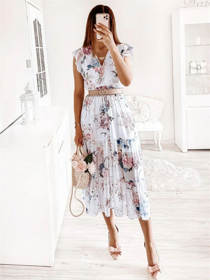 Oh Rare Womens V-Neck Floral Printed Midi Dress