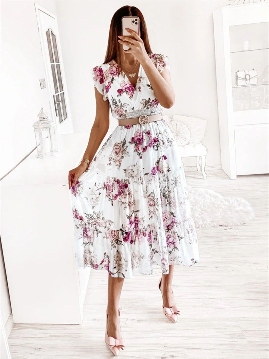 Oh Rare Womens V-Neck Floral Printed Midi Dress