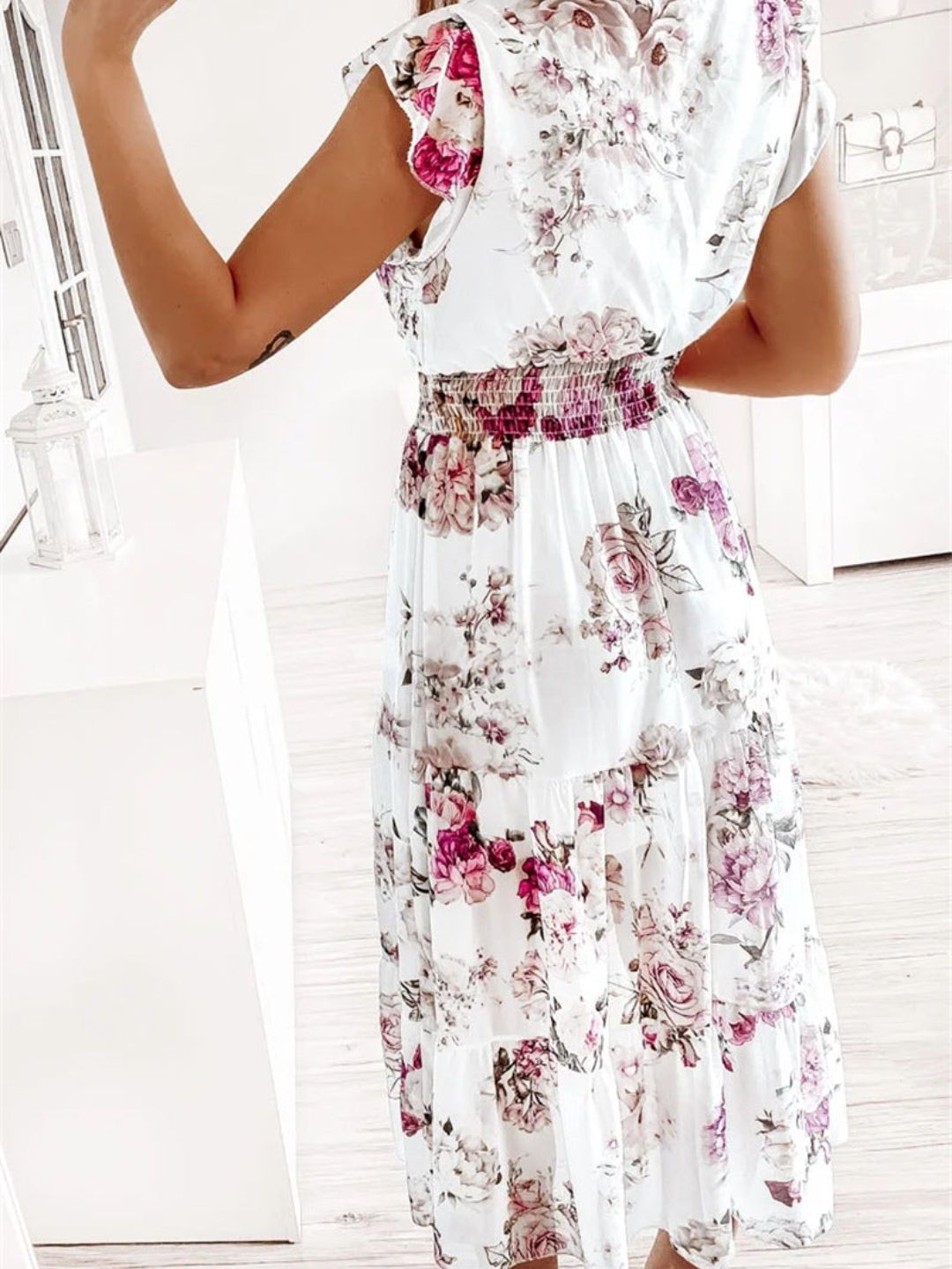 Oh Rare Womens V-Neck Floral Printed Midi Dress