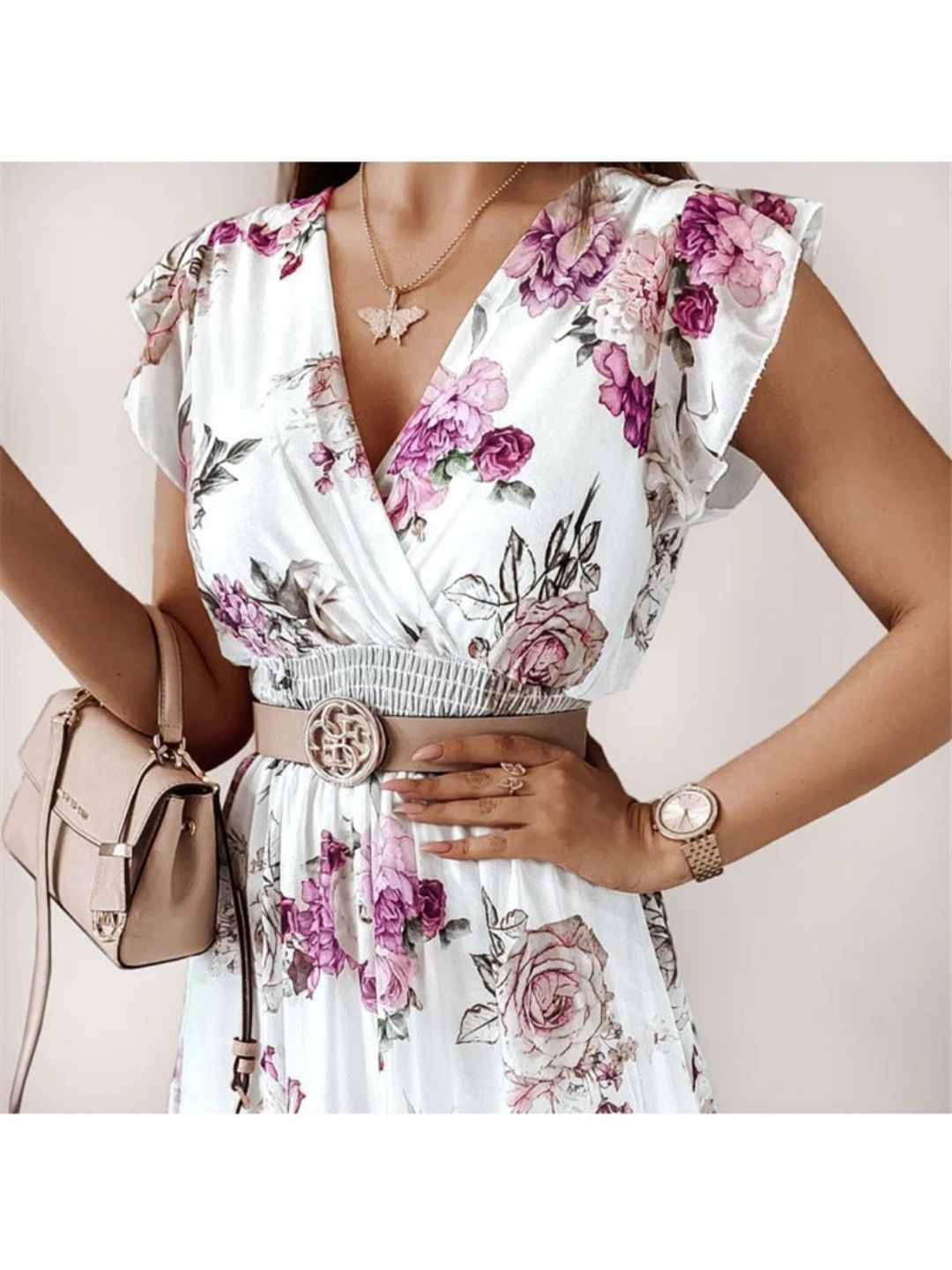 Oh Rare Womens V-Neck Floral Printed Midi Dress