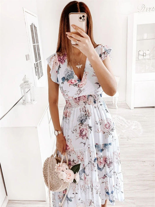 Oh Rare Womens V-Neck Floral Printed Midi Dress