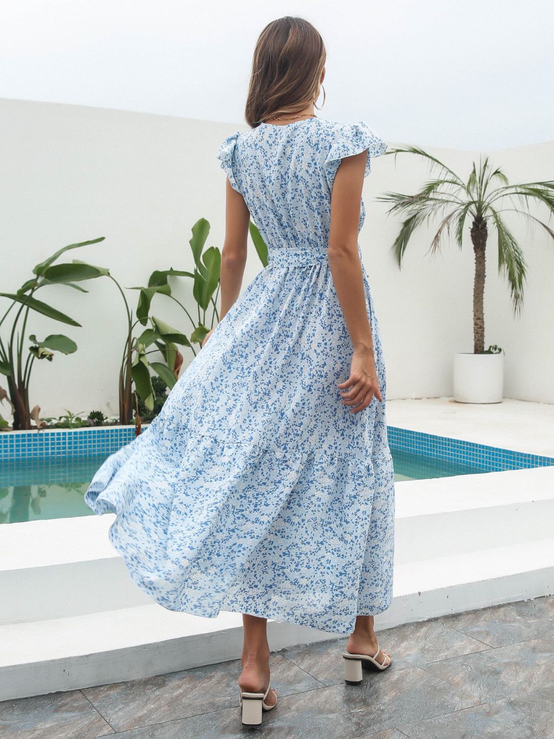 Oh Rare Floral Ruffled V-Neck Short Sleeves Printed Chiffon Long Dress