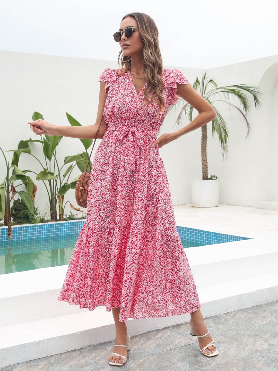 Oh Rare Floral Ruffled V-Neck Short Sleeves Printed Chiffon Long Dress