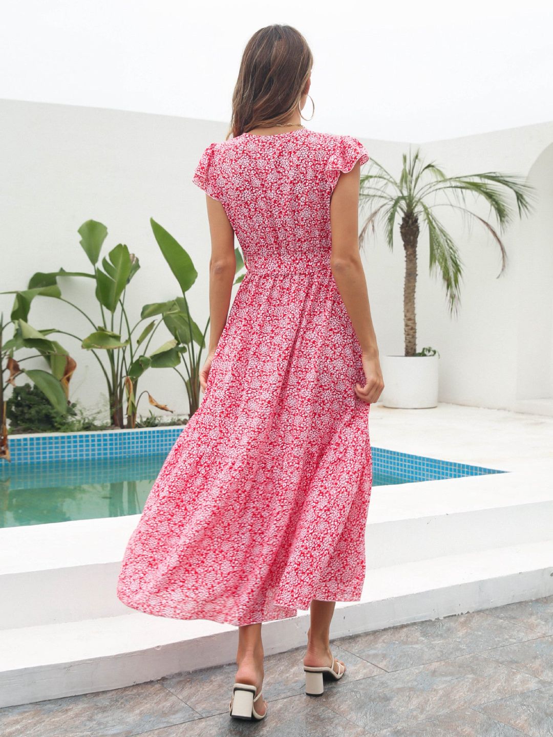 Oh Rare Floral Ruffled V-Neck Short Sleeves Printed Chiffon Long Dress