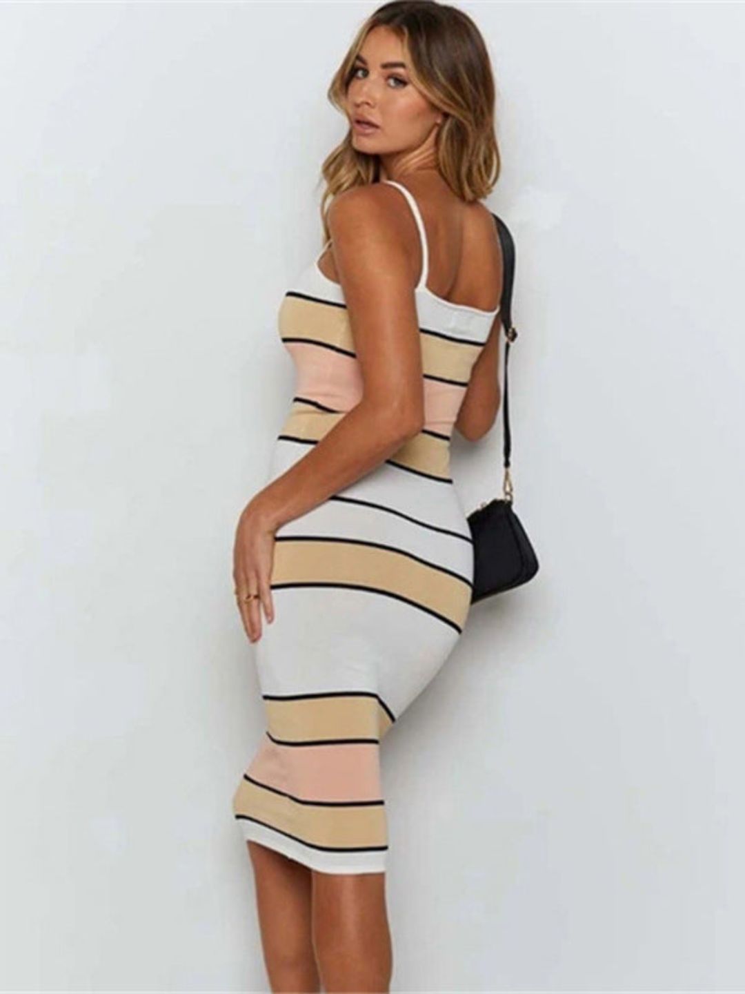 Oh Rare Womens Suspender Contrast Striped Sleeveless Tight Midi Dress