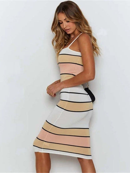 Oh Rare Womens Suspender Contrast Striped Sleeveless Tight Midi Dress