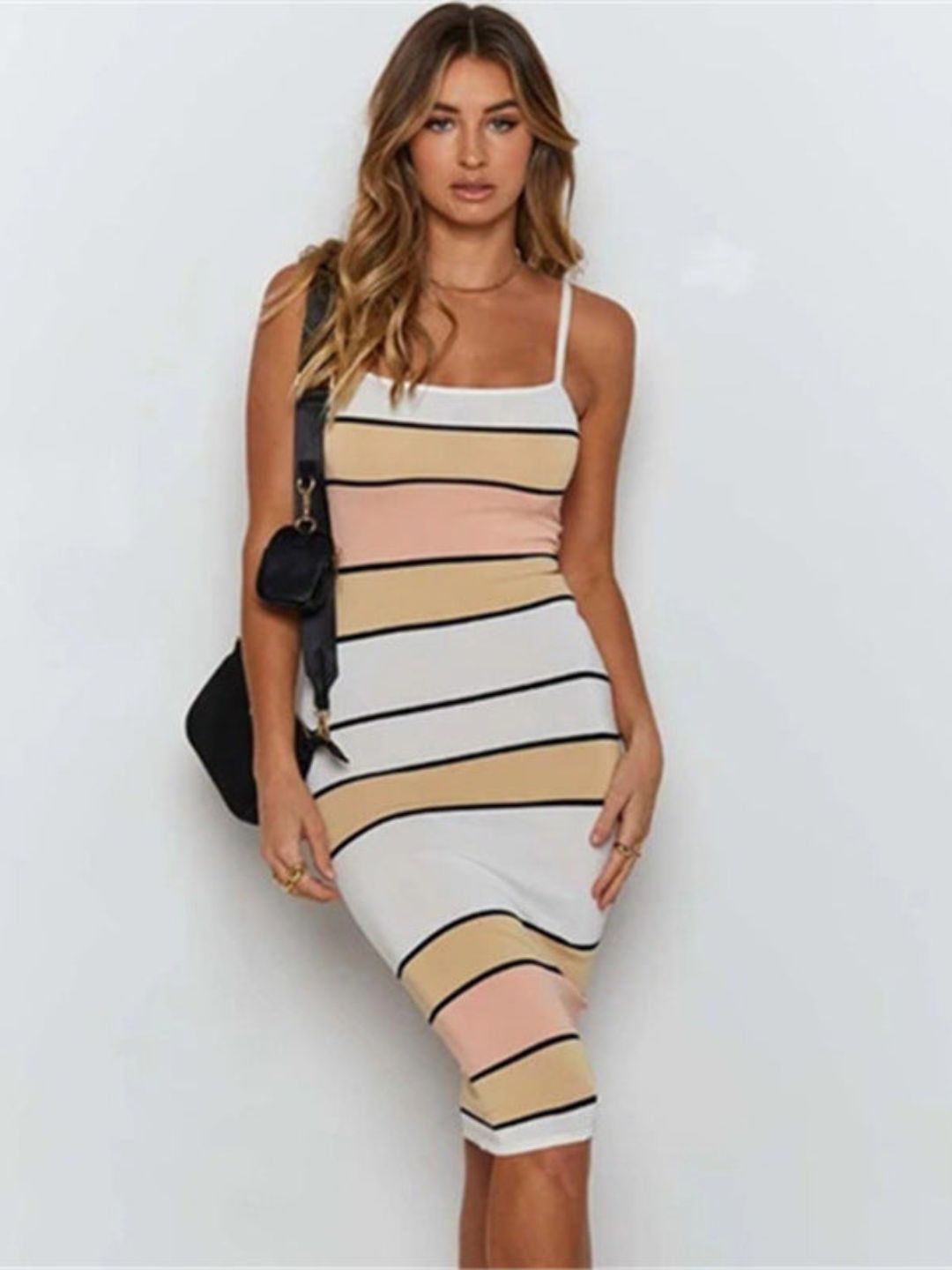 Oh Rare Womens Suspender Contrast Striped Sleeveless Tight Midi Dress