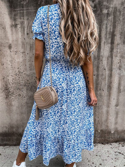 Oh Rare Blue  Womens Printed V-Neck Waist Slit Midi Dress