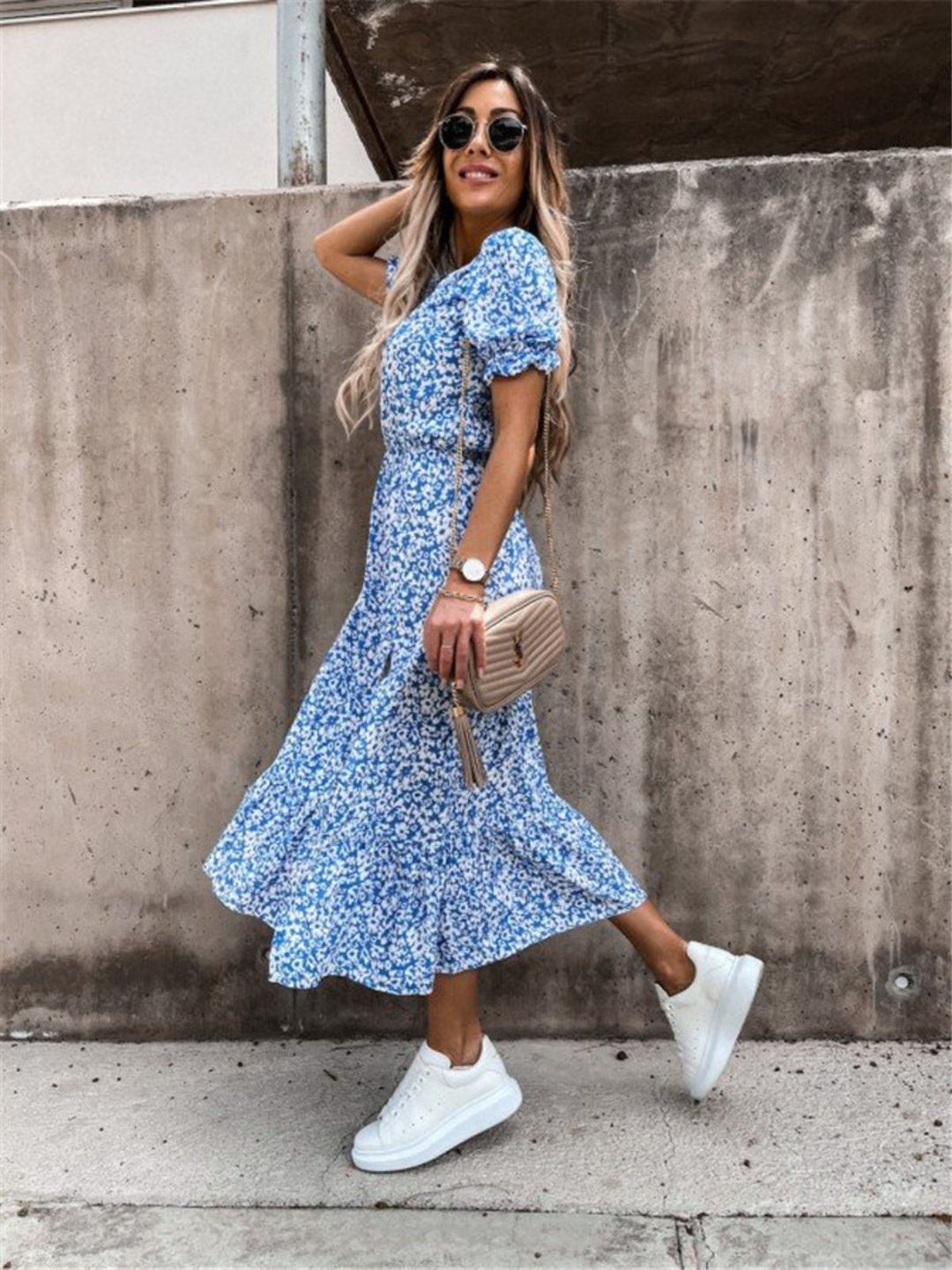 Oh Rare Blue  Womens Printed V-Neck Waist Slit Midi Dress