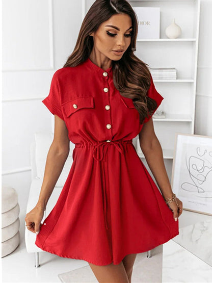 Oh Rare Womens Ruffled Round Neck Waist Mini Dress Summer