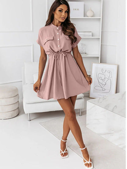 Oh Rare Womens Ruffled Round Neck Waist Mini Dress Summer