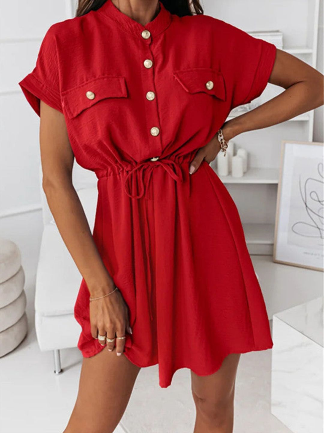 Oh Rare Womens Ruffled Round Neck Waist Mini Dress Summer