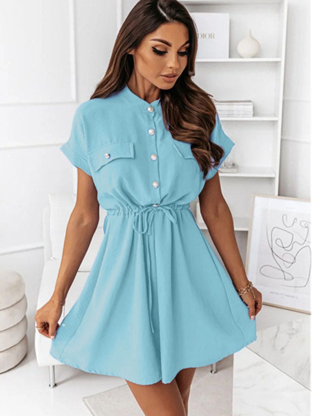 Oh Rare Womens Ruffled Round Neck Waist Mini Dress Summer