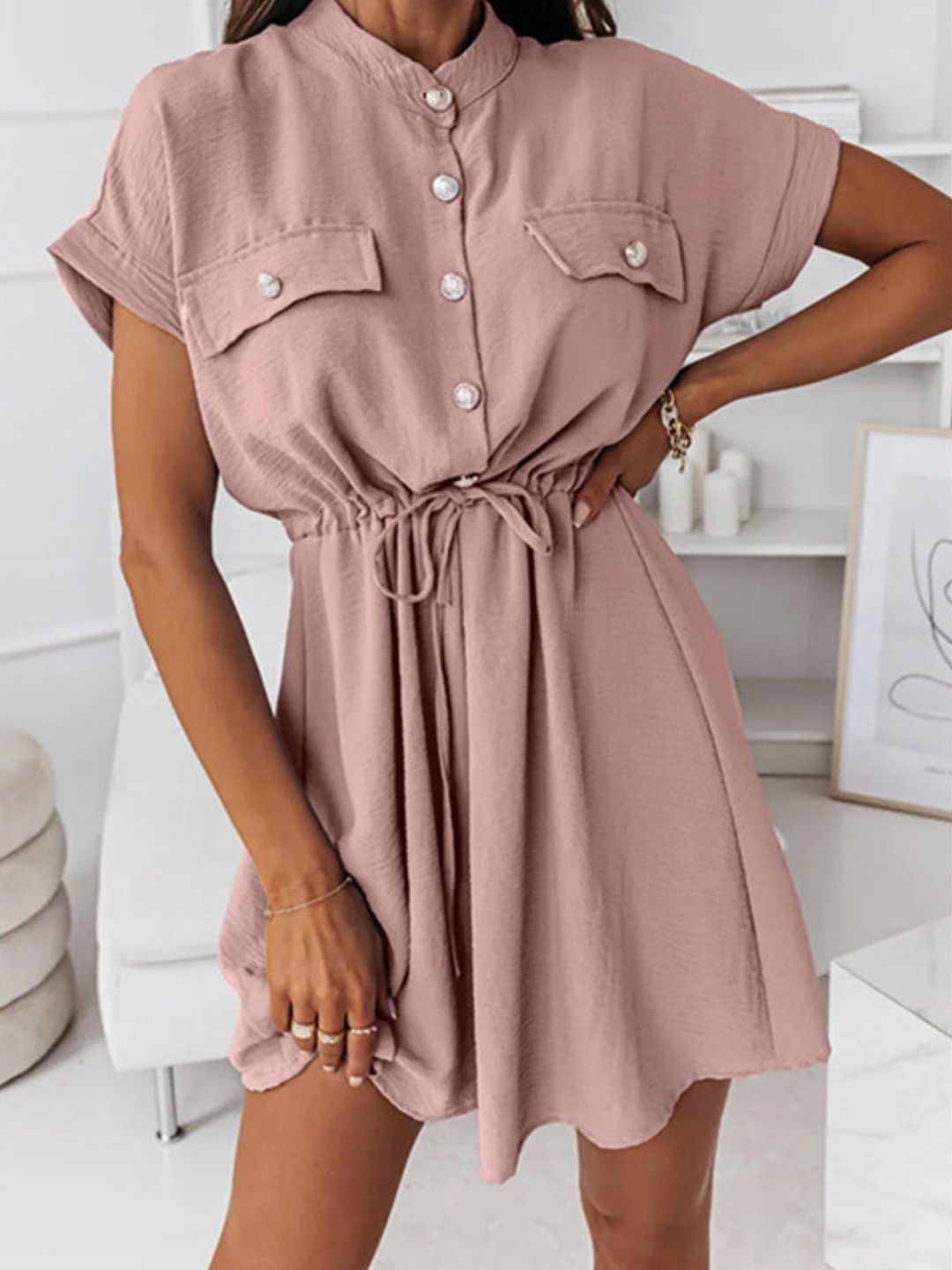 Oh Rare Womens Ruffled Round Neck Waist Mini Dress Summer