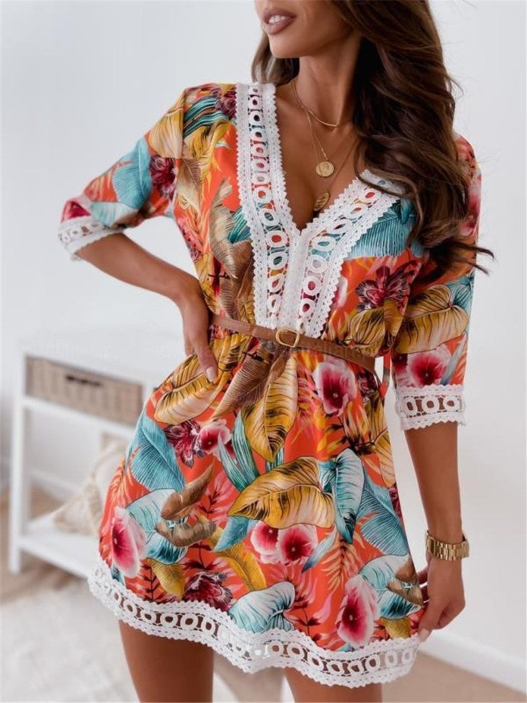 Oh Rare Womens Printed Casual Lace Mini Dress