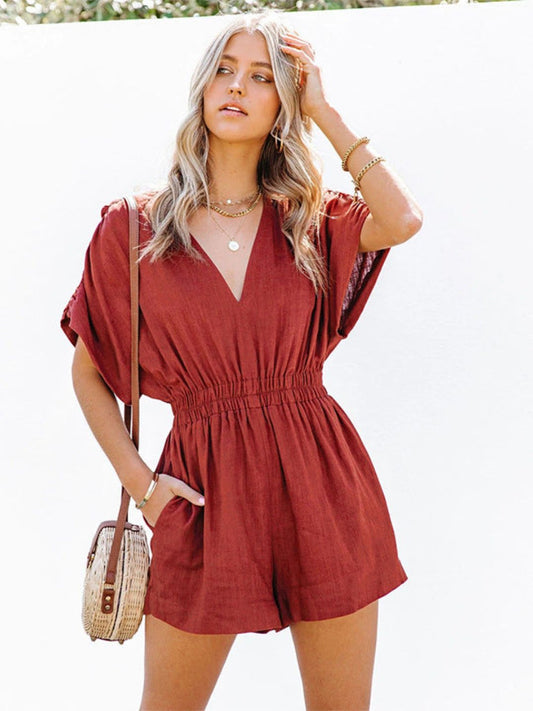 Red V-Neck Basic Jumpsuit