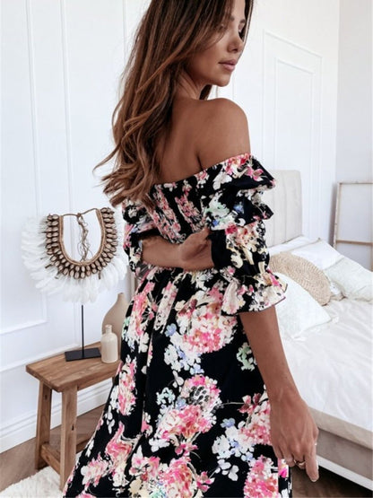 Oh Rare Womens Printed Off Shoulder Elegant Long Maxi Dress